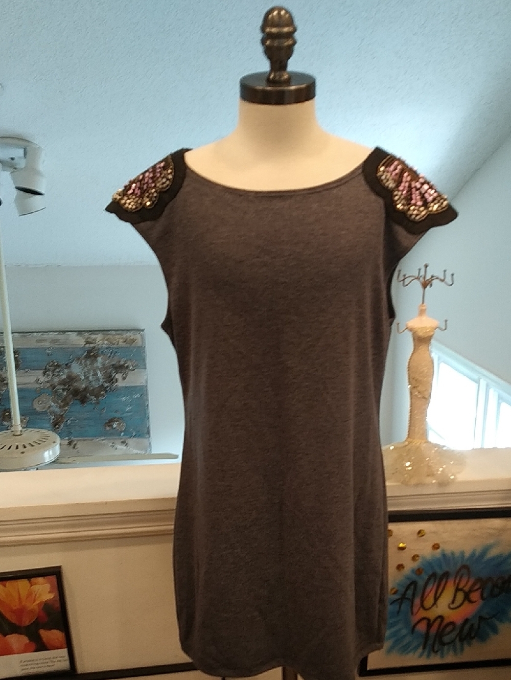 579 Vintage Gray Tunic with Beaded Purple & Gold Shoulder Accents